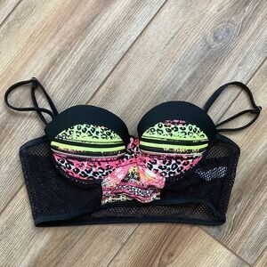 Rue Bleu Women’s Neon Animal Print and Mesh Bikini Swim Suit Top Size S